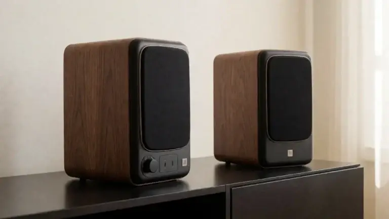 Powered active bookshelf speakers with built-in amplification on a desk setup