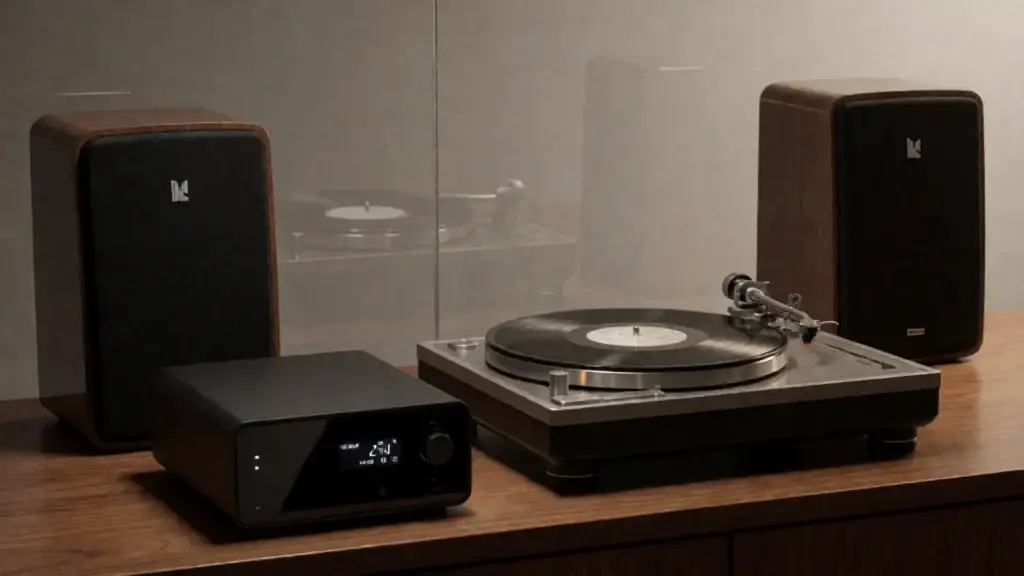 Platine vinyle tout-en-un avec enceintes et amplificateur int&eacute;gr&eacute;s lisant un disque &ndash; autre angle