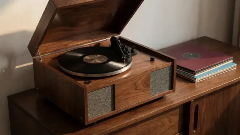 All-in-one record player with built-in speakers and amplifier playing a vinyl record