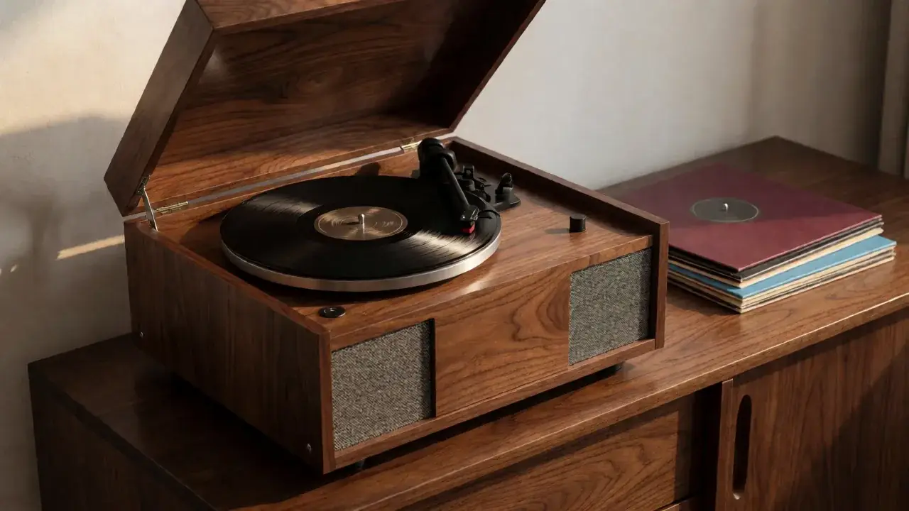 All-in-one record player with built-in speakers and amplifier playing a vinyl record
