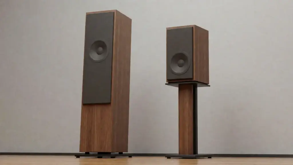 Pair of two-way floorstanding speakers on plinths in a bright period living room with oak floorboards &ndash; detail view