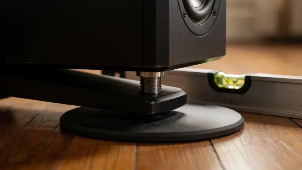 Pair of two-way floorstanding speakers on plinths in a bright period living room with oak floorboards &ndash; alternate angle