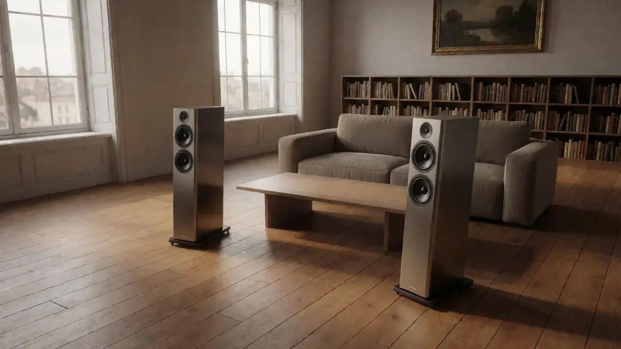 Pair of two-way floorstanding speakers on plinths in a bright period living room with oak floorboards
