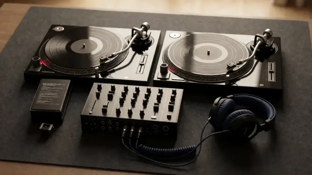 Zwei direktgetriebene DJ-Plattenspieler links und rechts eines vierkanaligen Battle-Mixers mit Kopfh&ouml;rern im DJ-Pult &ndash; andere Perspektive