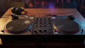 Two direct-drive DJ turntables flanking a four-channel battle mixer with headphones on a club booth