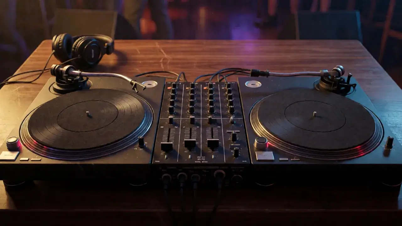 Two direct-drive DJ turntables flanking a four-channel battle mixer with headphones on a club booth