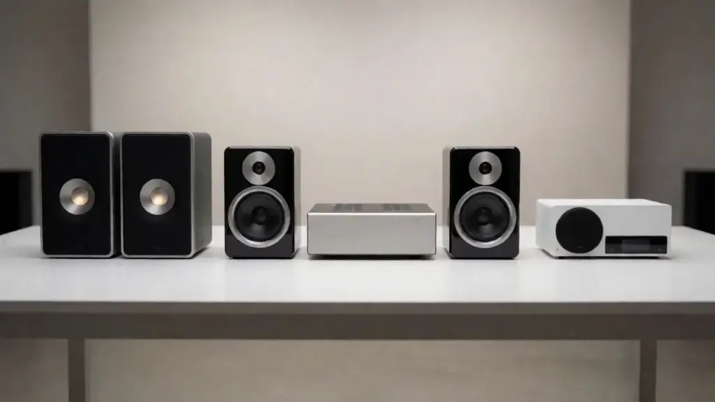 Two-channel home stereo system with amplifier, turntable and bookshelf speakers in a living room &ndash; detail view