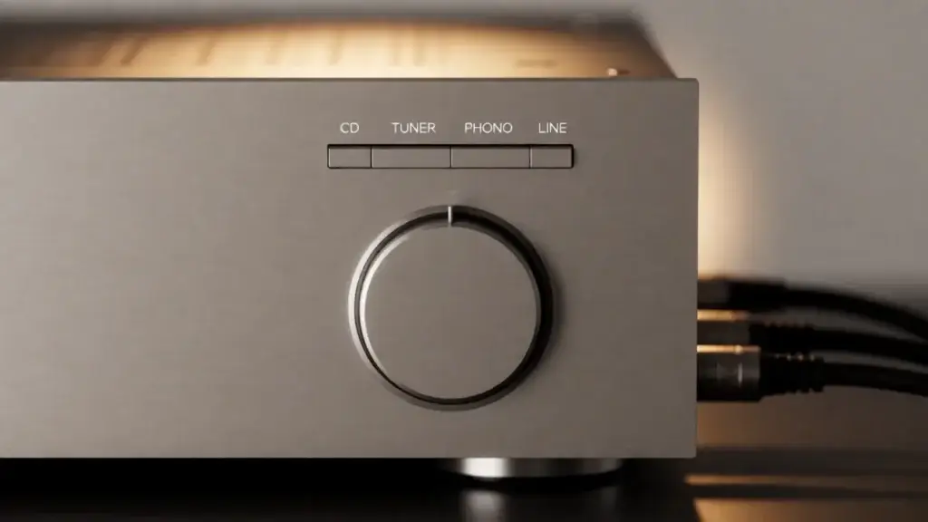 Two-channel home stereo system with amplifier, turntable and bookshelf speakers in a living room &ndash; alternate angle