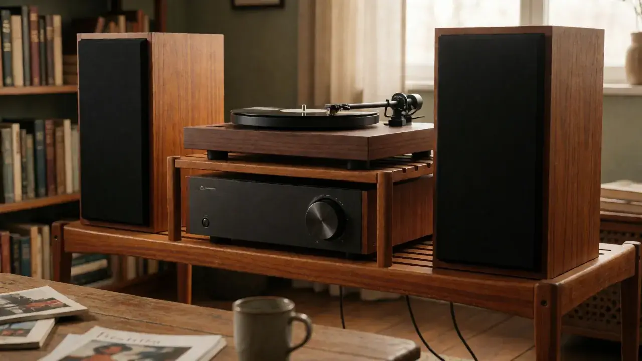 Two-channel home stereo system with amplifier, turntable and bookshelf speakers in a living room
