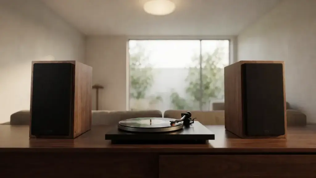 Record player paired with a set of matching stereo speakers on a wooden console &ndash; detail view