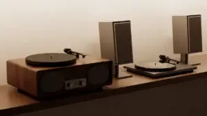 Record player paired with a set of matching stereo speakers on a wooden console