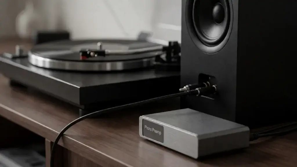 Pacote conjunto de gira-discos e colunas vendido como sistema de vinil completo – vista de detalhe