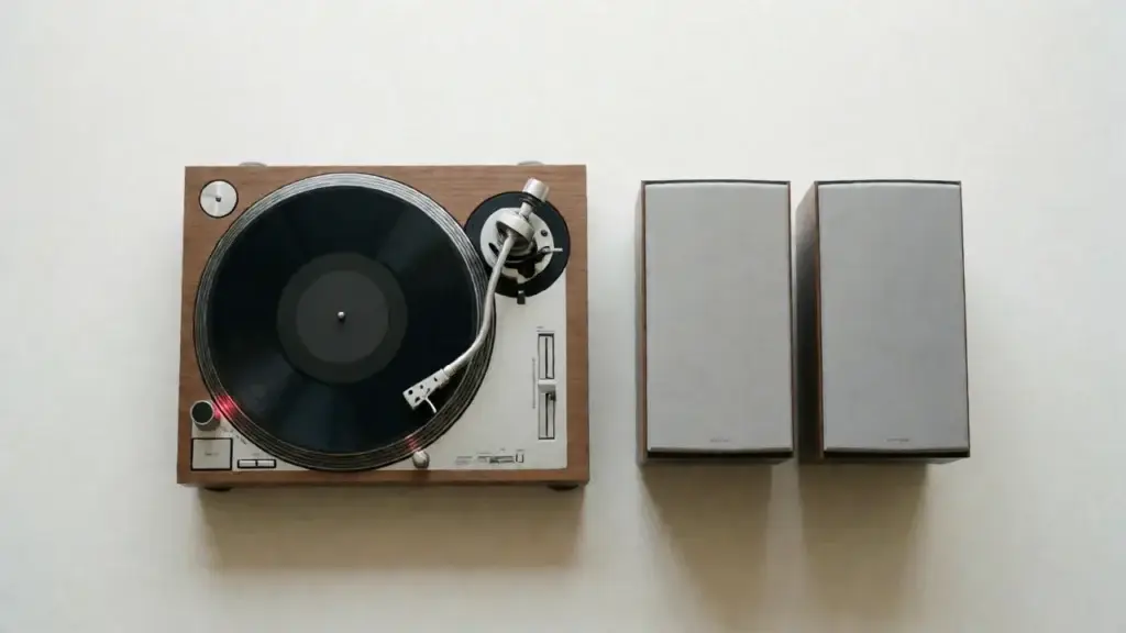 Pacote conjunto de gira-discos e colunas vendido como sistema de vinil completo – ângulo alternativo