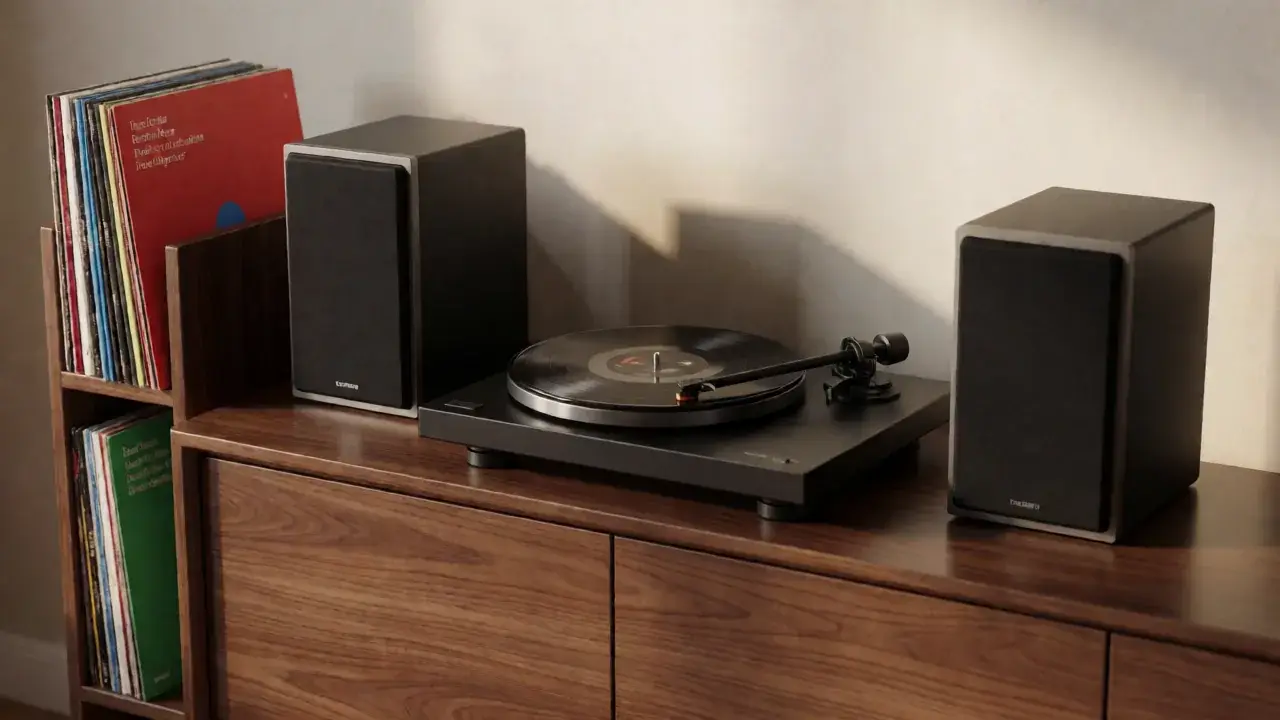 Matched turntable and speakers package sold together as a complete vinyl system