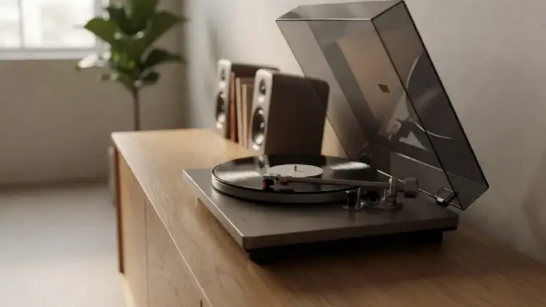 Belt-drive beginner turntable with dust cover open on an oak sideboard beside bookshelf speakers