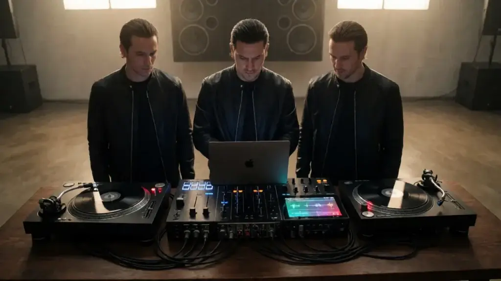 Equipo de DJ para principiantes con giradiscos, mezclador, auriculares y port&aacute;til en una cabina &ndash; vista de detalle