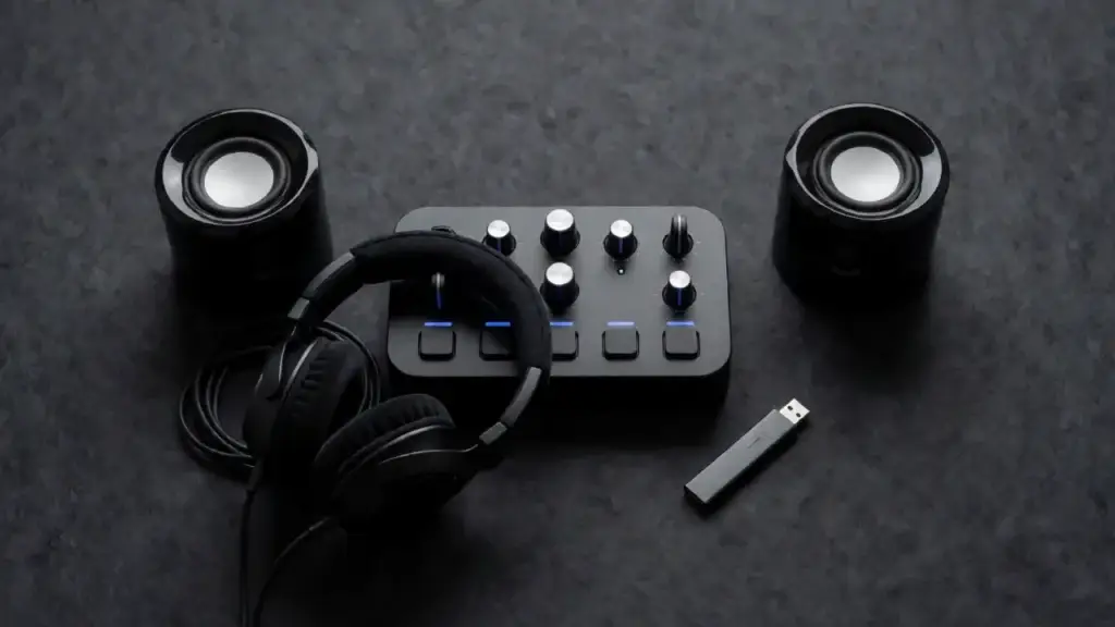 Equipo de DJ para principiantes con giradiscos, mezclador, auriculares y port&aacute;til en una cabina &ndash; &aacute;ngulo alternativo