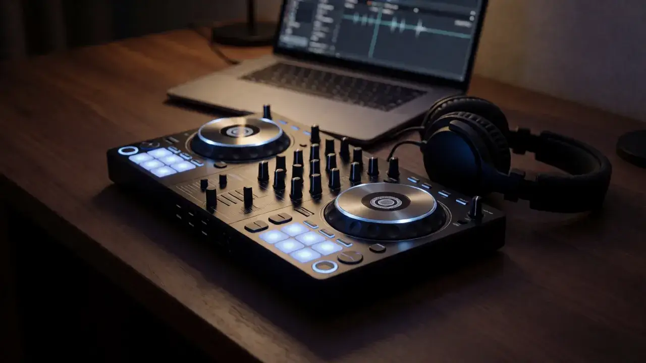 Beginner DJ setup with turntables, mixer, headphones and laptop on a booth counter