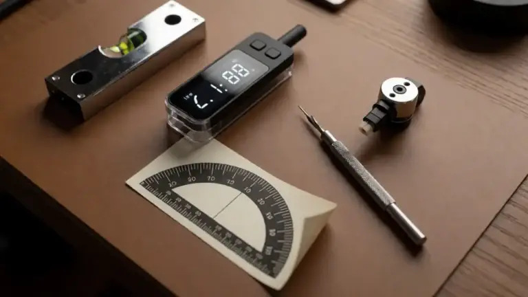 Cartridge alignment tools laid out on a desk: spirit level, digital stylus force gauge, protractor and headshell